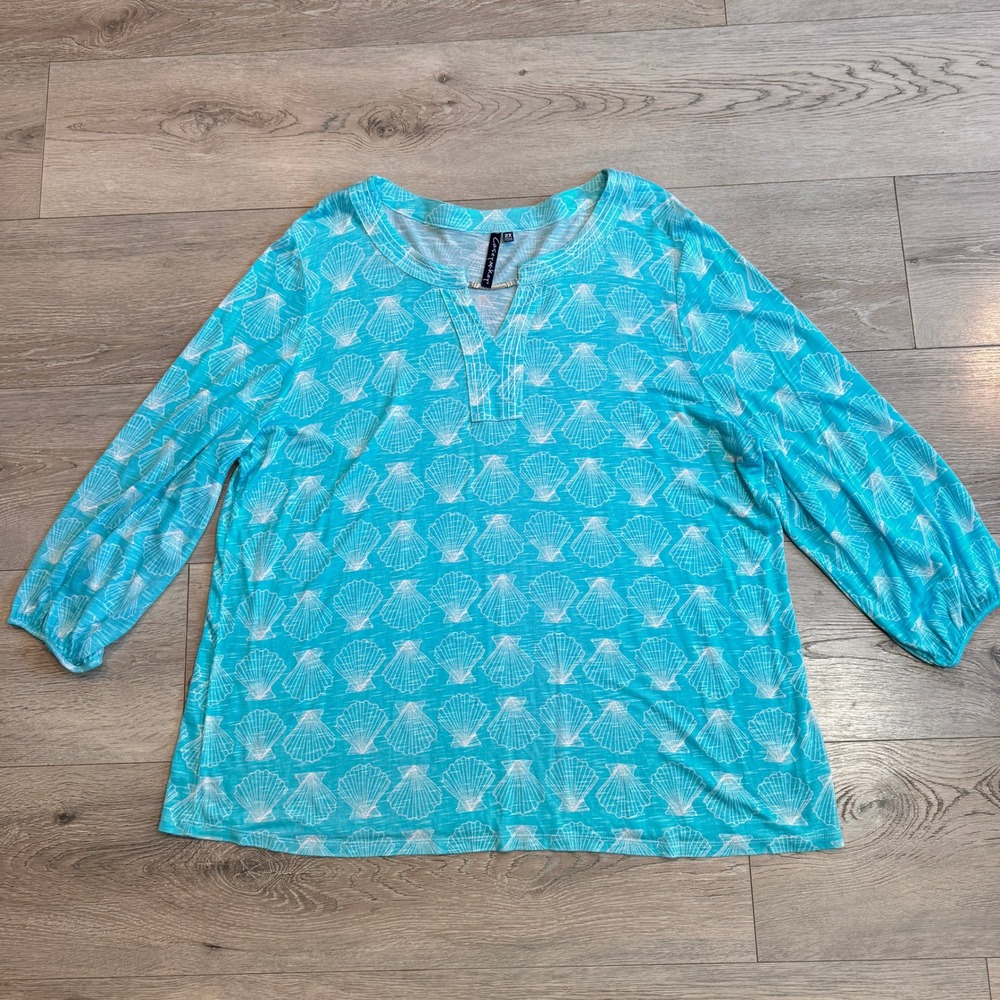 Casey‎ Key Turquoise Shell Print V Neck 3/4 Sleeve Blouse Top Plus Size 2X XXL